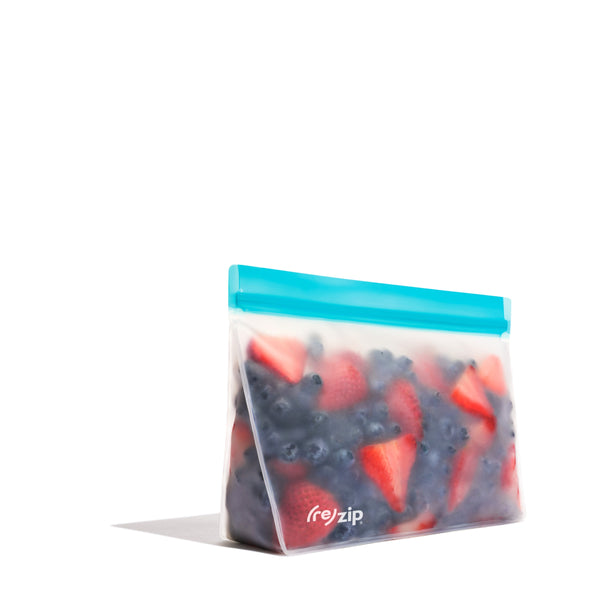 stand-up quart-size reusable food storage bag filled with fresh mixed berries – airtight, leakproof, freezer-safe, perfect for meal prep, snacks, and sustainable kitchen storage