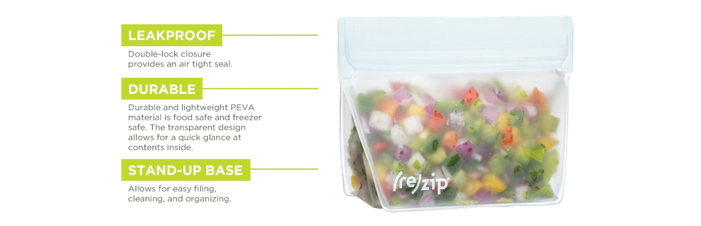 Features of stand up reusable food storage bags