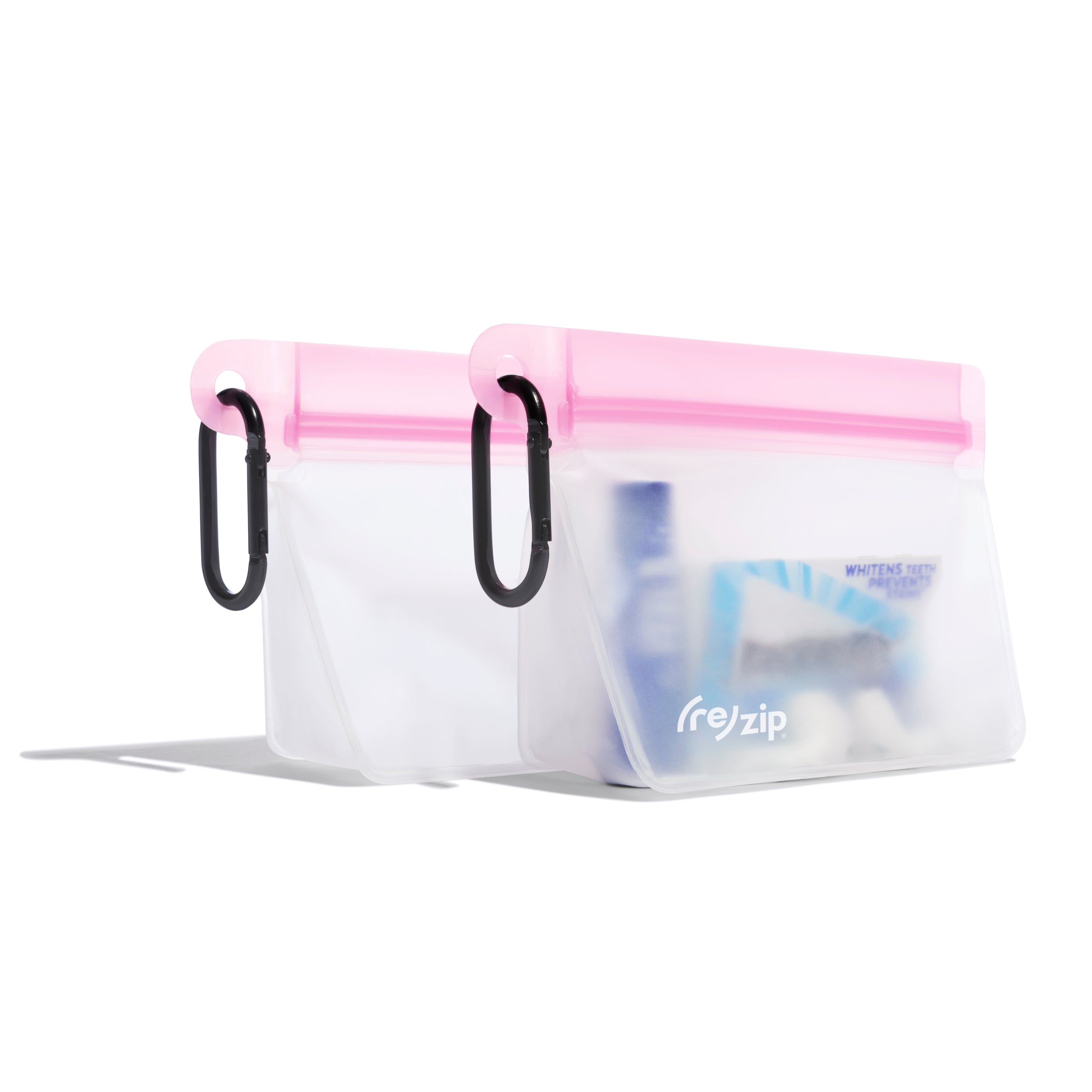 pink (re)zip Take Me Too stand-up 1-cup bags with carabiners – reusable travel pouches for hiking, on-the-go storage, and cord organization