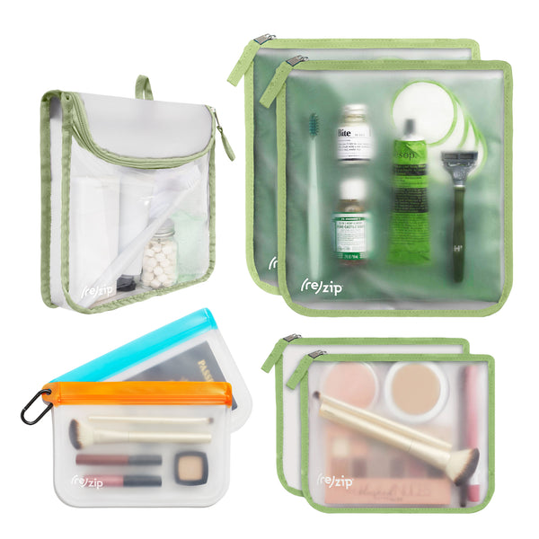 rezip travel kit with toiletry bag, zippered gallon, zippered medium and carabiner travel storage bag
