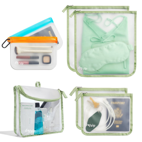 rezip travel kit with toiletry bag, zippered gallon, zippered medium and carabiner travel storage bag