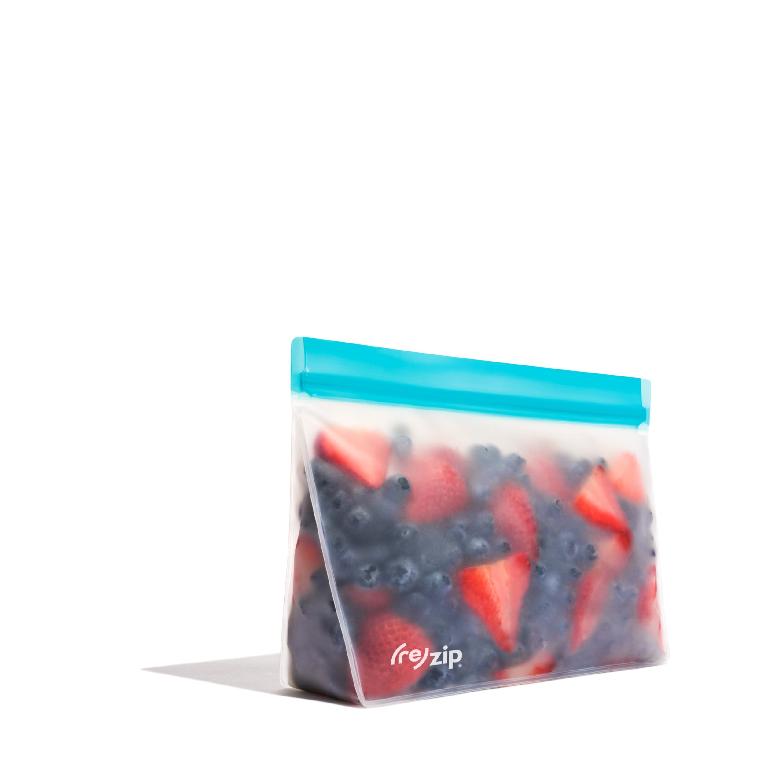 stand-up quart-size reusable food storage bag filled with fresh mixed berries – airtight, leakproof, freezer-safe, perfect for meal prep, snacks, and sustainable kitchen storage