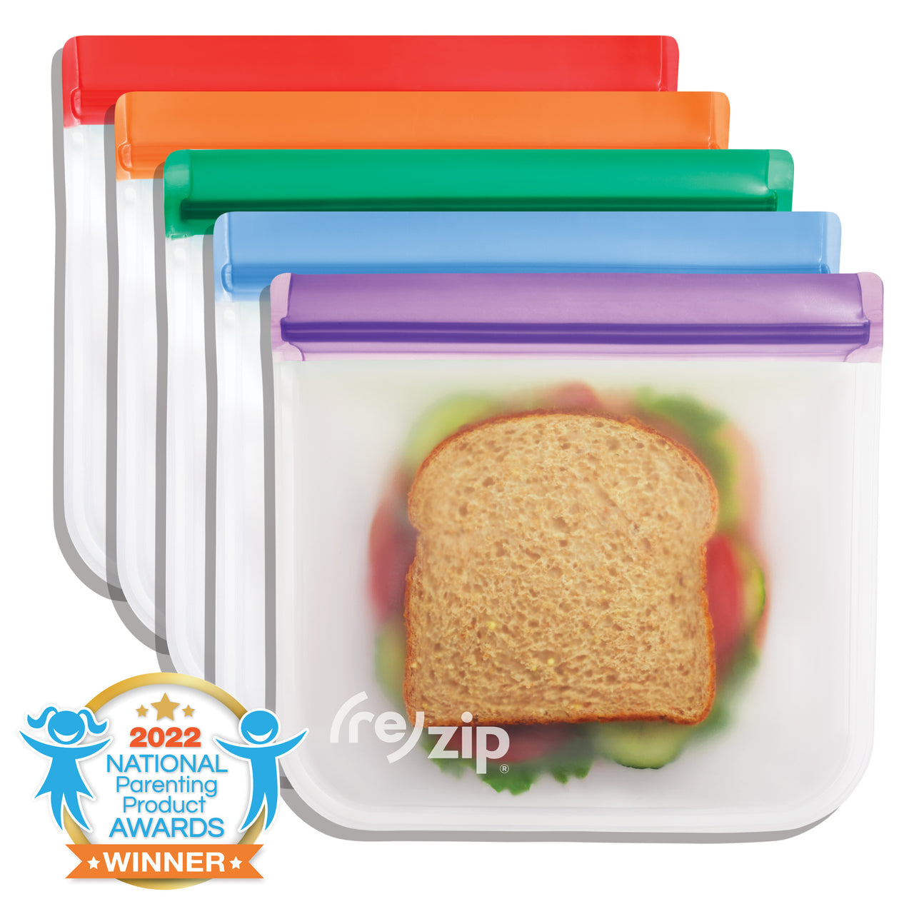 (re)zip reusable flat lunch bags 5-pack – BPA-free, food-safe sandwich bags – airtight, leakproof, freezer-safe bags for school and work lunches, meal prep, and leftovers
