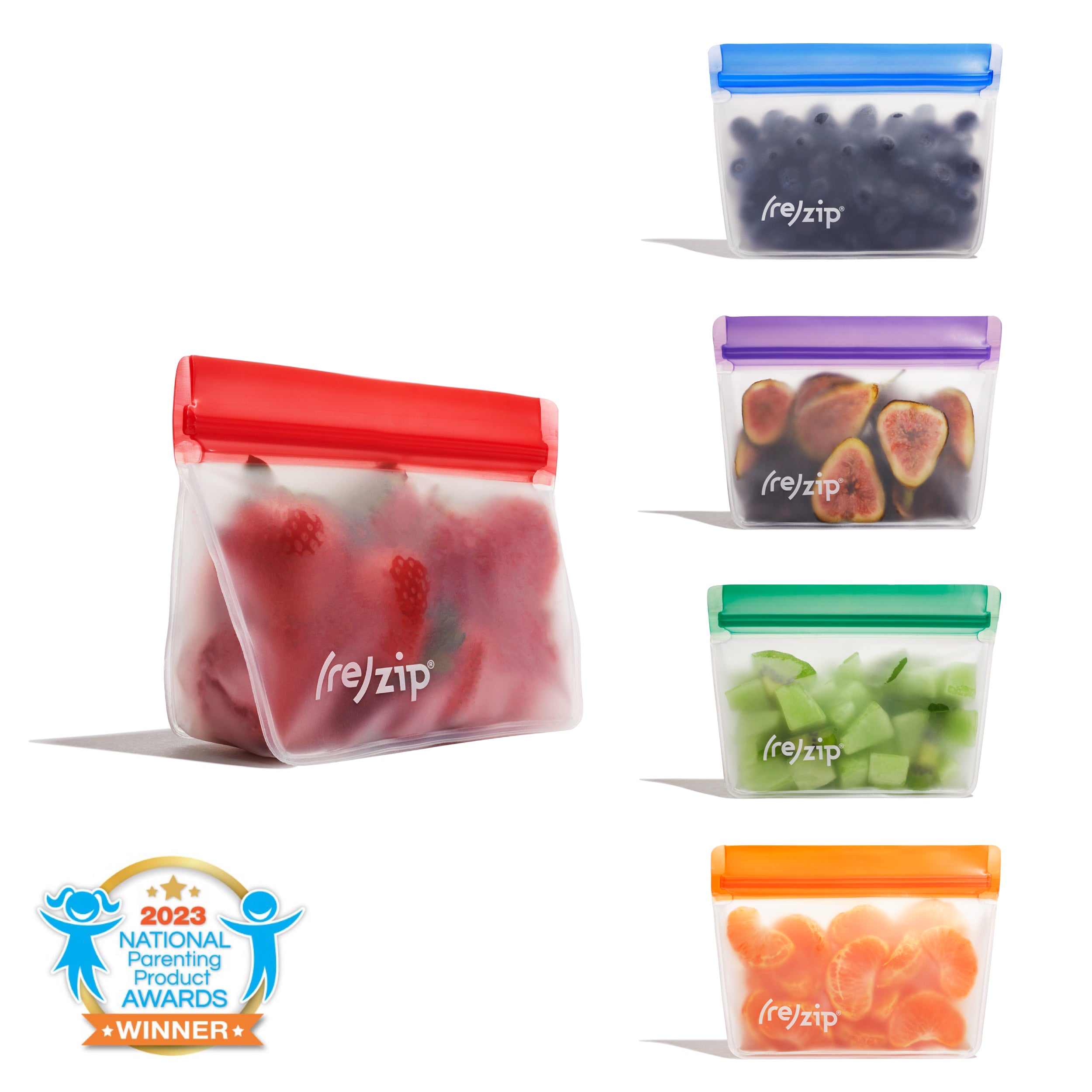 NAPPA best for school award rezip (re)zip Stand-Up 1-cup | 8-ounce Leakproof Reusable Storage Bag 5-pack in Jewel Tones