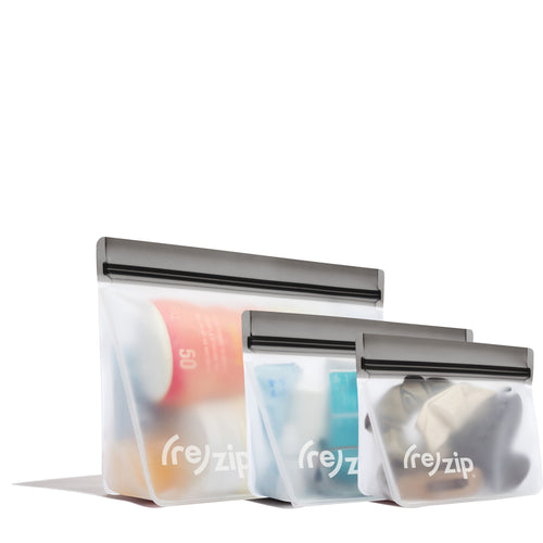 3-piece stand-up reusable travel storage bag kit – includes quart, 2-cup, and 1-cup sizes – perfect for road trips, camping, commuting, and on-the-go snacks – eco-friendly, leakproof, and lightweight