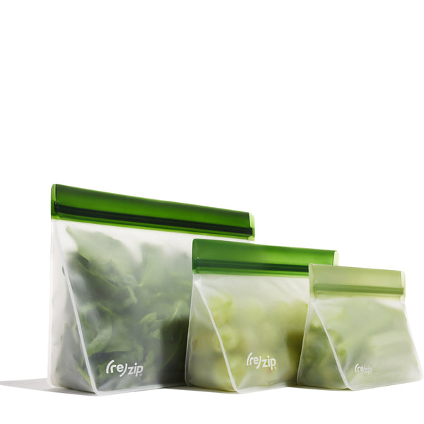 3-piece leak proof reusable freezer safe stand-up food storage bags 1 cup, 2 cup and 4 cup in sage, pine and fern perfect for on the go, travel, leftovers and meal prep