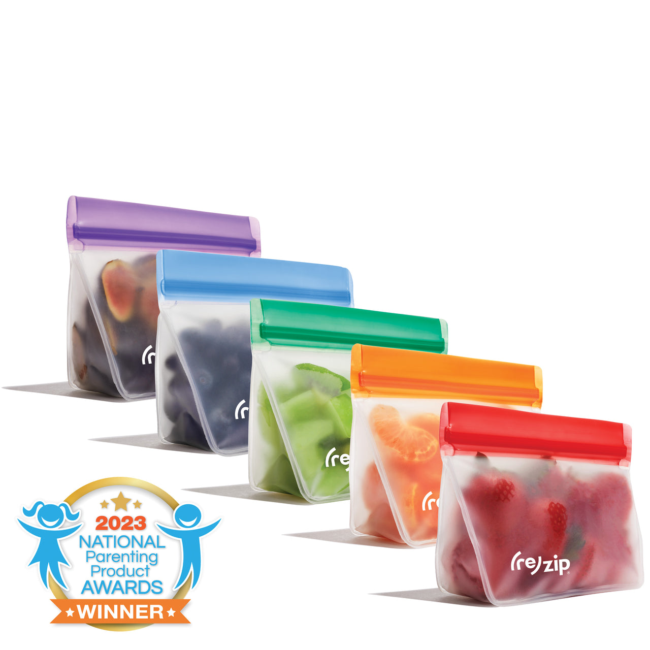 NAPPA Best for School Award winner – Rezip (re)zip stand-up 1-cup 8-ounce reusable storage bags 5-pack in jewel tones – eco-friendly, leakproof, BPA-free snack bags for school lunches and kids