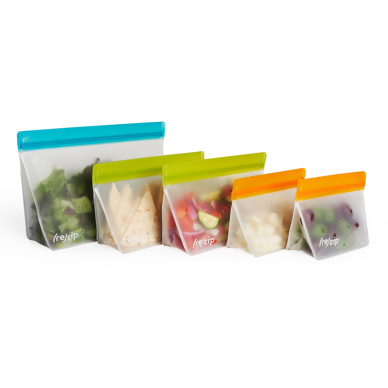 5-piece Stand-up reusable leak proof freezer-safe Pack n' Go food storage bag