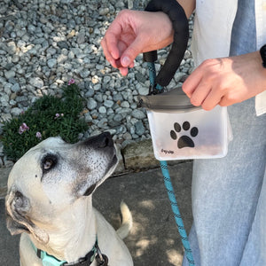Waterproof and leakproof carabiner treat bag keeps treats fresh.