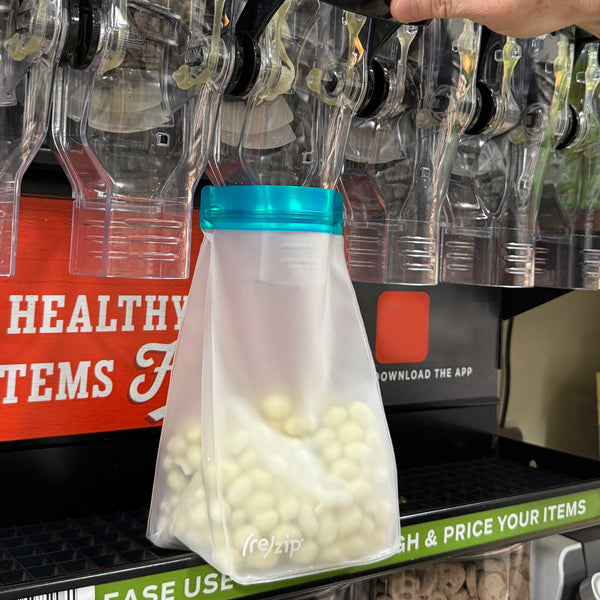  Stand-Up Tall reusable food storage bags in a 2-piece kit, ideal for bulk bin shopping and pantry organization, freezer-safe.