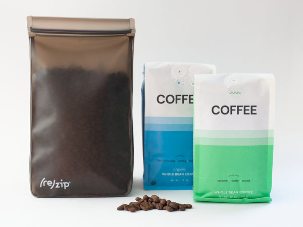 2-pack reusable airtight coffee bags hold 24 oz of coffee beans and 36 oz of coffee beans