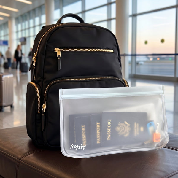Organized water proof travel pouch by (re)zip filled with passports and keys, resting on leather seating with airplanes visible through airport windows.