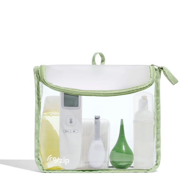 Reusable quart-size toiletry bag with curved zipper pull – TSA-friendly and perfect for organizing family travel essentials like skincare, kids’ toiletries, and on-the-go grooming items