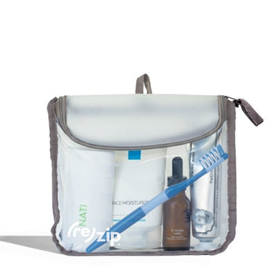 Reusable quart-size travel toiletry bag with curved zipper pull for easy access – TSA-approved for airport security, perfect for cosmetics, skincare, and travel essentials