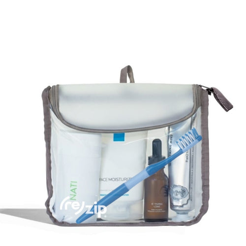 Reusable quart-size travel toiletry bag with curved zipper pull for easy access – TSA-approved for airport security, perfect for cosmetics, skincare, and travel essentials