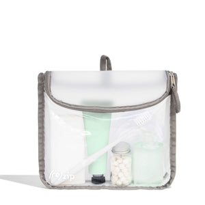 Reusable quart-size travel toiletry bag with curved zipper pull for easy access – TSA-approved for airport security, perfect for cosmetics, skincare, and travel essentials
