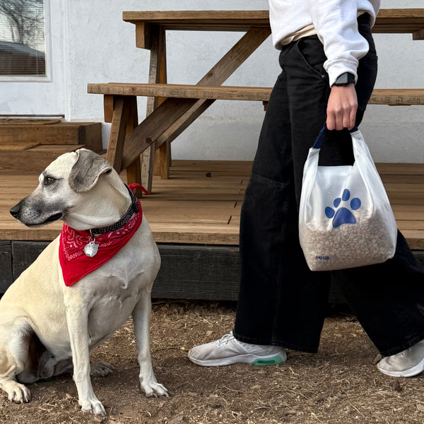 pet food kibble storage bag container handle for easy toting camping on the go travel
