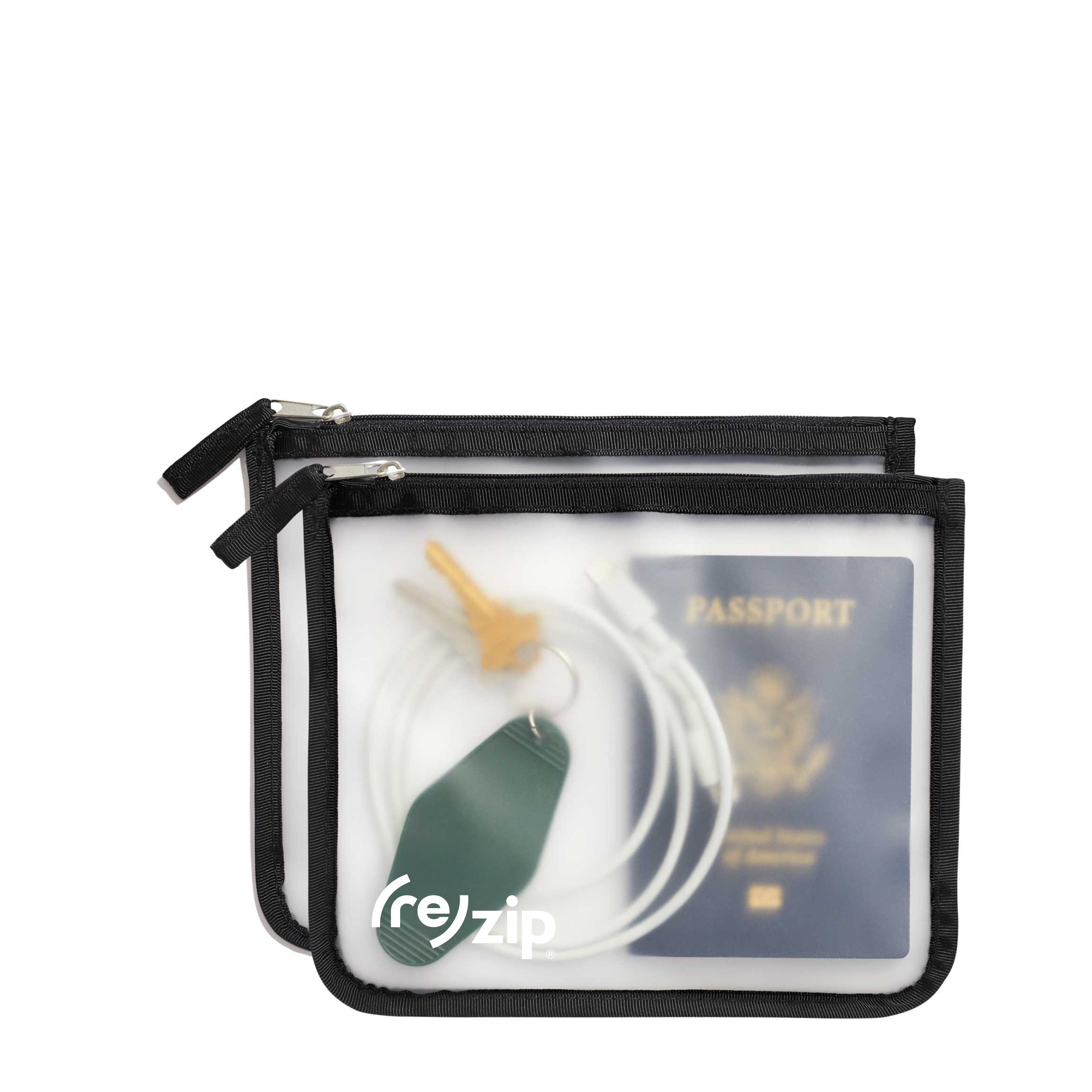 Medium reusable zippered travel bag holding a passport, keys, and USB-C cable—durable, food-grade PEVA pouch for organizing tech accessories and travel essentials.