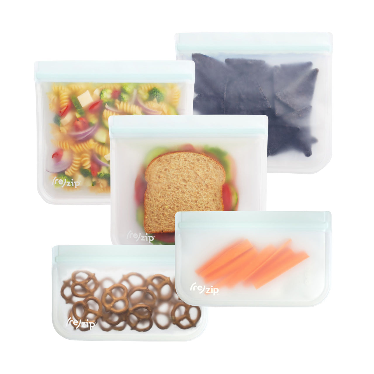 5-piece reusable, leak proof, freezer-safe airtight sandwich and snack ziplock bags