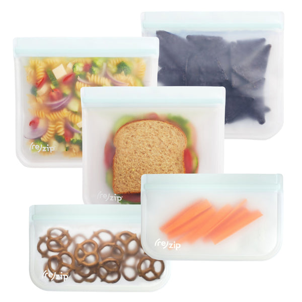 5-piece reusable food storage bag set – leakproof, airtight, freezer-safe sandwich and snack bags – eco-friendly alternative to plastic ziplock bags for lunches, snacks, meal prep, and travel