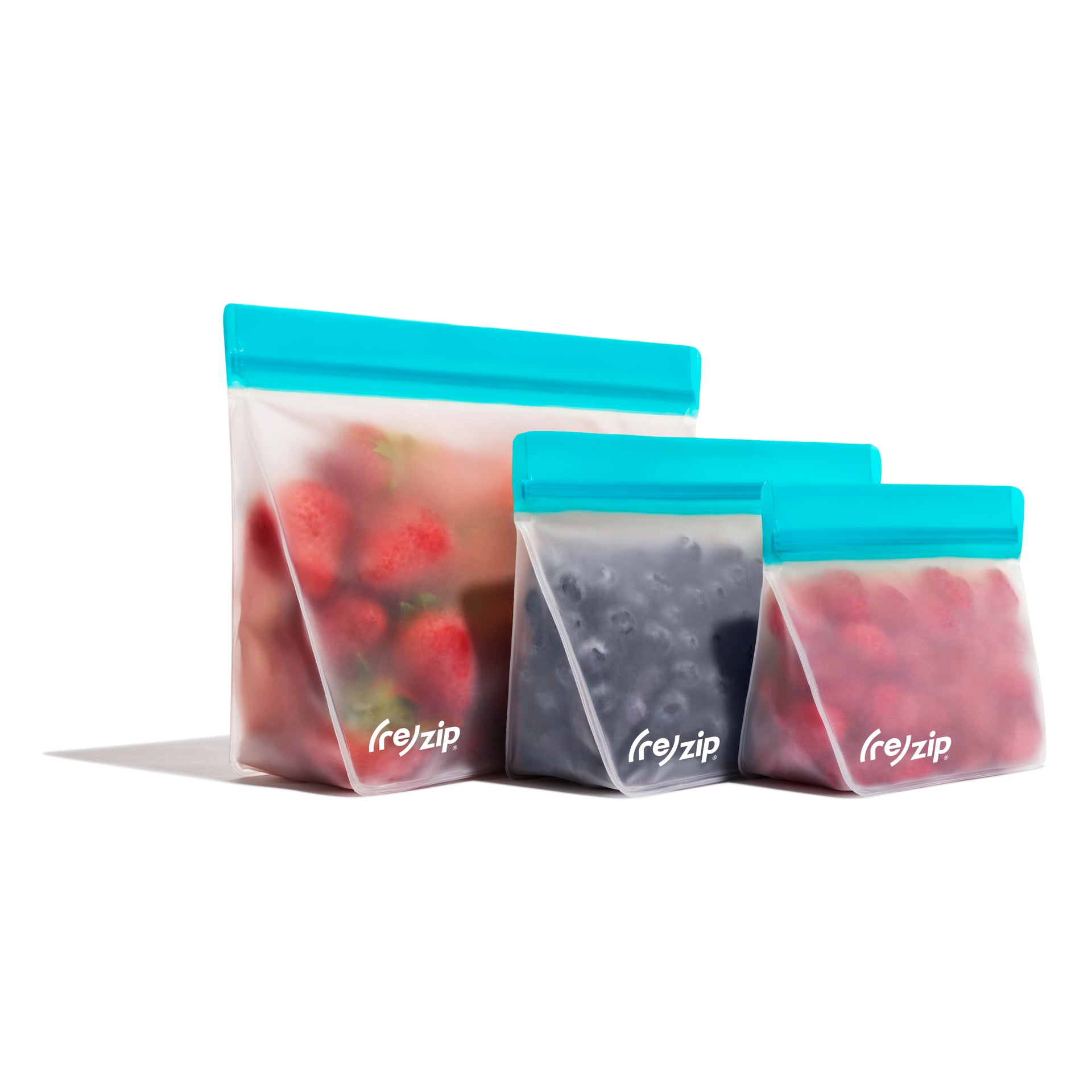 3-piece leak proof reusable freezer-safe stand-up food storage bags 1 cup, 2 cup and 4 cup in Aqua perfect for smoothies, meal prep and leftovers