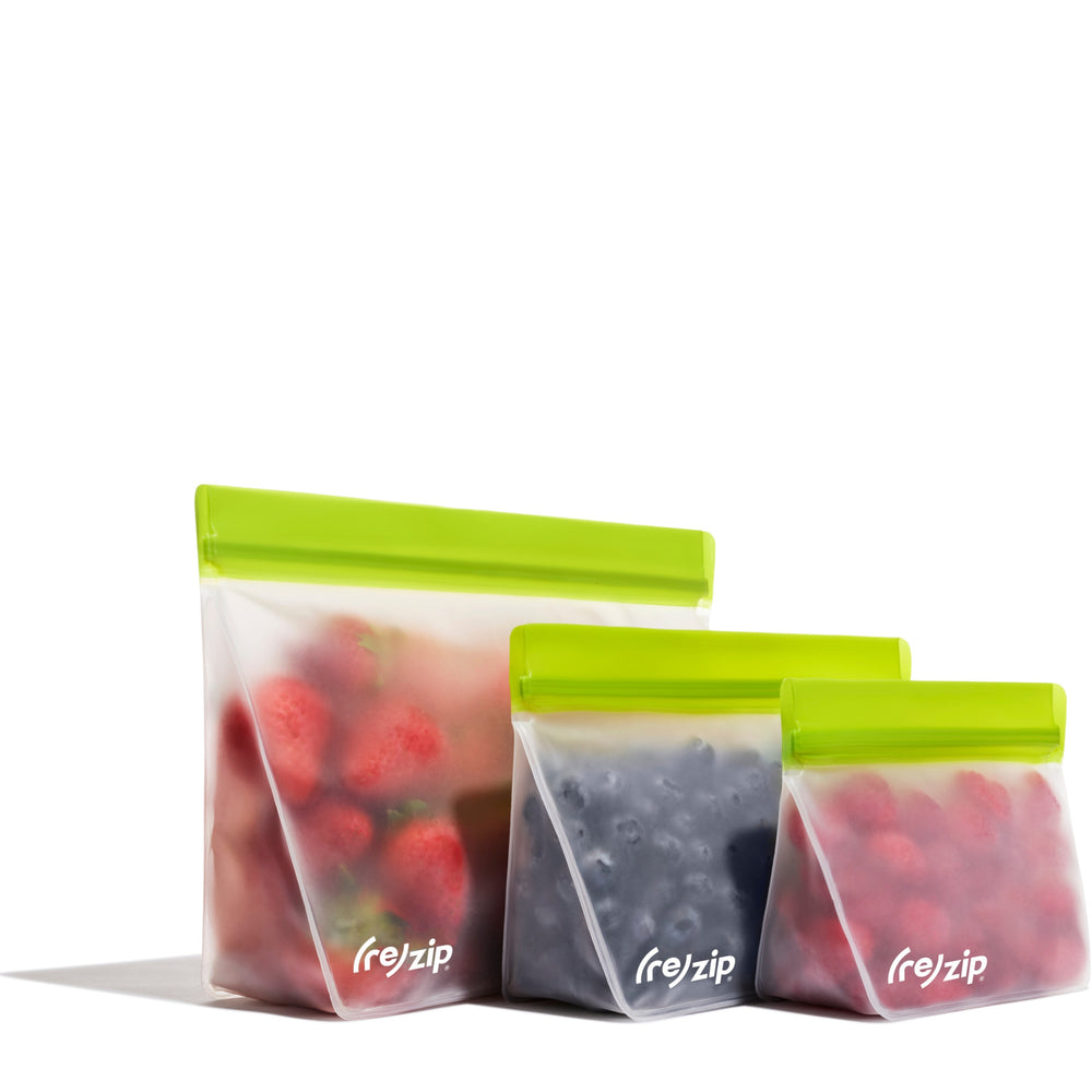 3-piece stand-up reusable storage bag set – quart, 2-cup, and 1-cup sizes – perfect for storing fresh berries, smoothie ingredients, and healthy snacks – air tight, freezer-safe, and leak proof