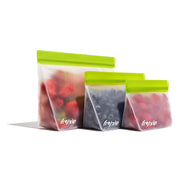 3-piece freezer-safe leakproof reusable stand-up food storage bags 1 cup, 2 cup and quart in green