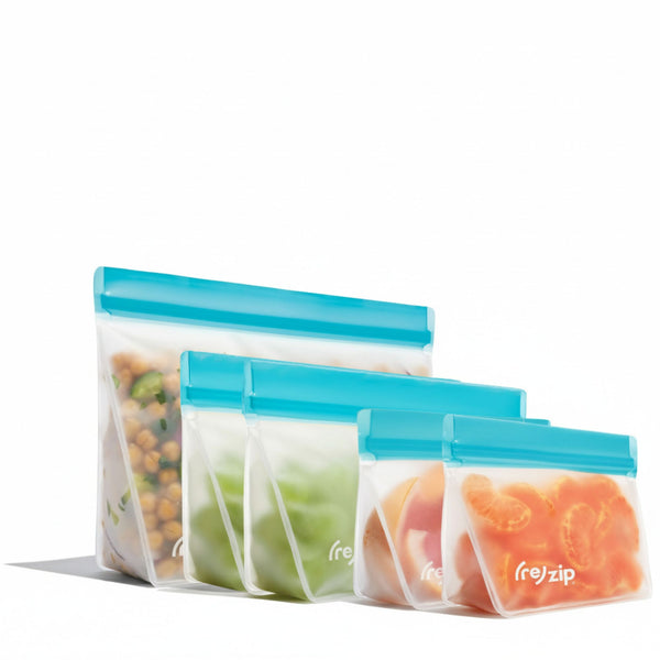 5-piece reusable stand-up food storage bag set in assorted sizes for snacks, meal prep, and leftovers. Leakproof, freezer-safe, and eco-friendly PEVA bags for freezer, fridge, or on-the-go meals