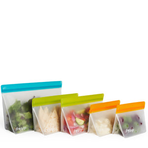 5-piece stand-up reusable food storage bag set – includes quart, 2-cup, and 1-cup bags – leak proof, freezer-safe, eco-friendly bags for snacks, lunches, meal prep, travel, and kitchen organization