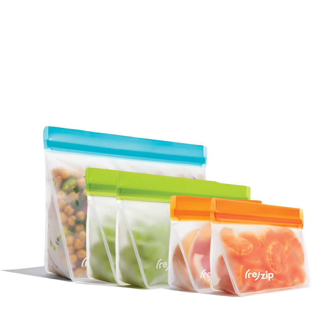 5-piece stand-up reusable food storage bag set with quart, 2-cup, and 1-cup sizes. Leakproof, freezer-safe, eco-friendly bags for snacks, lunches, meal prep, travel, and kitchen storage
