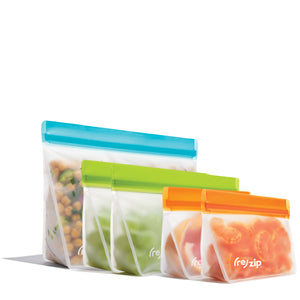 5-piece stand-up reusable food storage bag set with quart, 2-cup, and 1-cup sizes. Leakproof, freezer-safe, eco-friendly bags for snacks, lunches, meal prep, travel, and kitchen storage