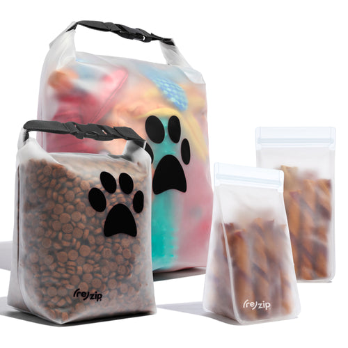 Reusable pet kit with 2 roll-top bags for dry food and toys, plus 2 tall bags for bully sticks and treats — perfect for organizing at home or taking on the go