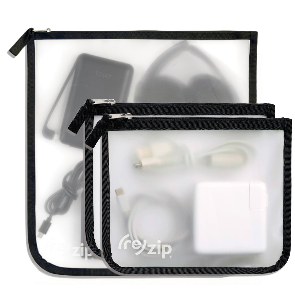 Reusable zippered travel gallon and medium bags to organize tech and travel accessories and headphones