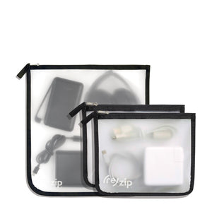 Reusable zippered travel gallon and medium bags to organize tech and travel accessories and headphones
