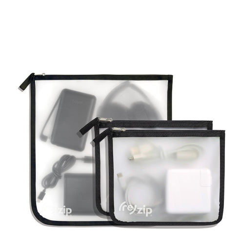 Reusable zippered travel gallon and medium bags to organize tech and travel accessories and headphones