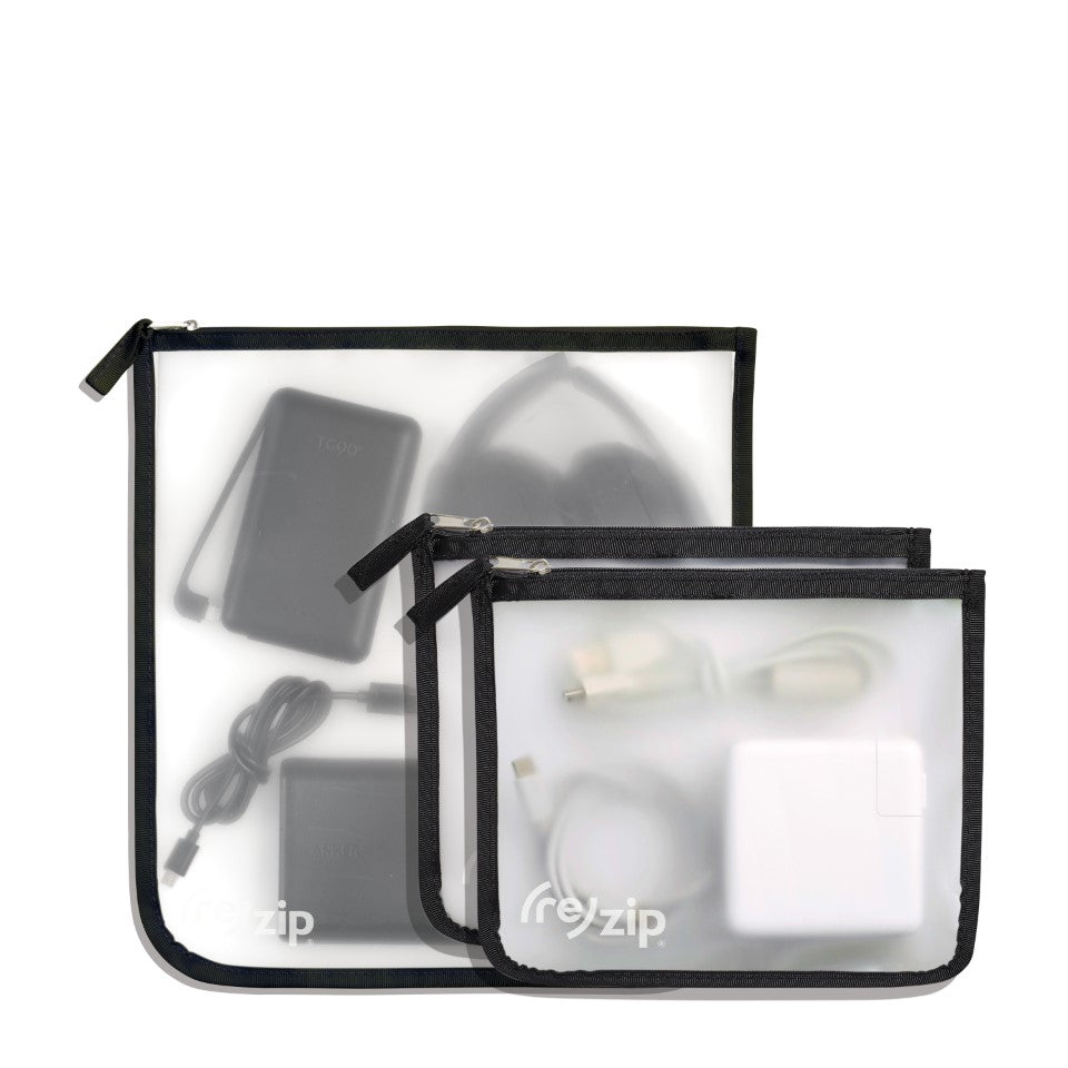 Reusable zippered travel gallon and medium bags to organize tech and travel accessories and headphones