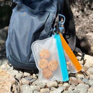 rezip carabiner bags are great for hiking and on the go. food safe, leak proof, water-resistant and dirt-resistant