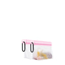 Reusable stand-up snack-size carabiner bag holding baby pacifiers, made from food-grade PEVA—eco-friendly, leak-resistant storage for travel or diaper bags.