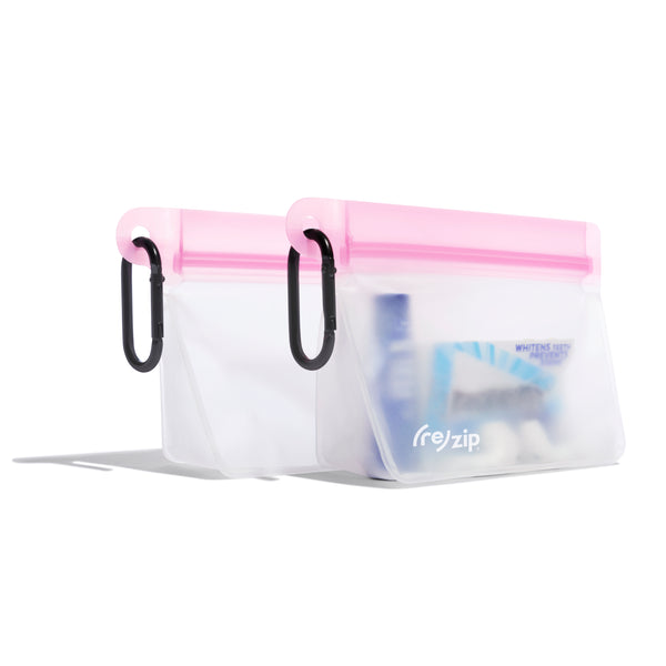 pink (re)zip Take Me Too stand-up 1-cup bags with carabiners – reusable travel pouches for hiking, on-the-go storage, and cord organization