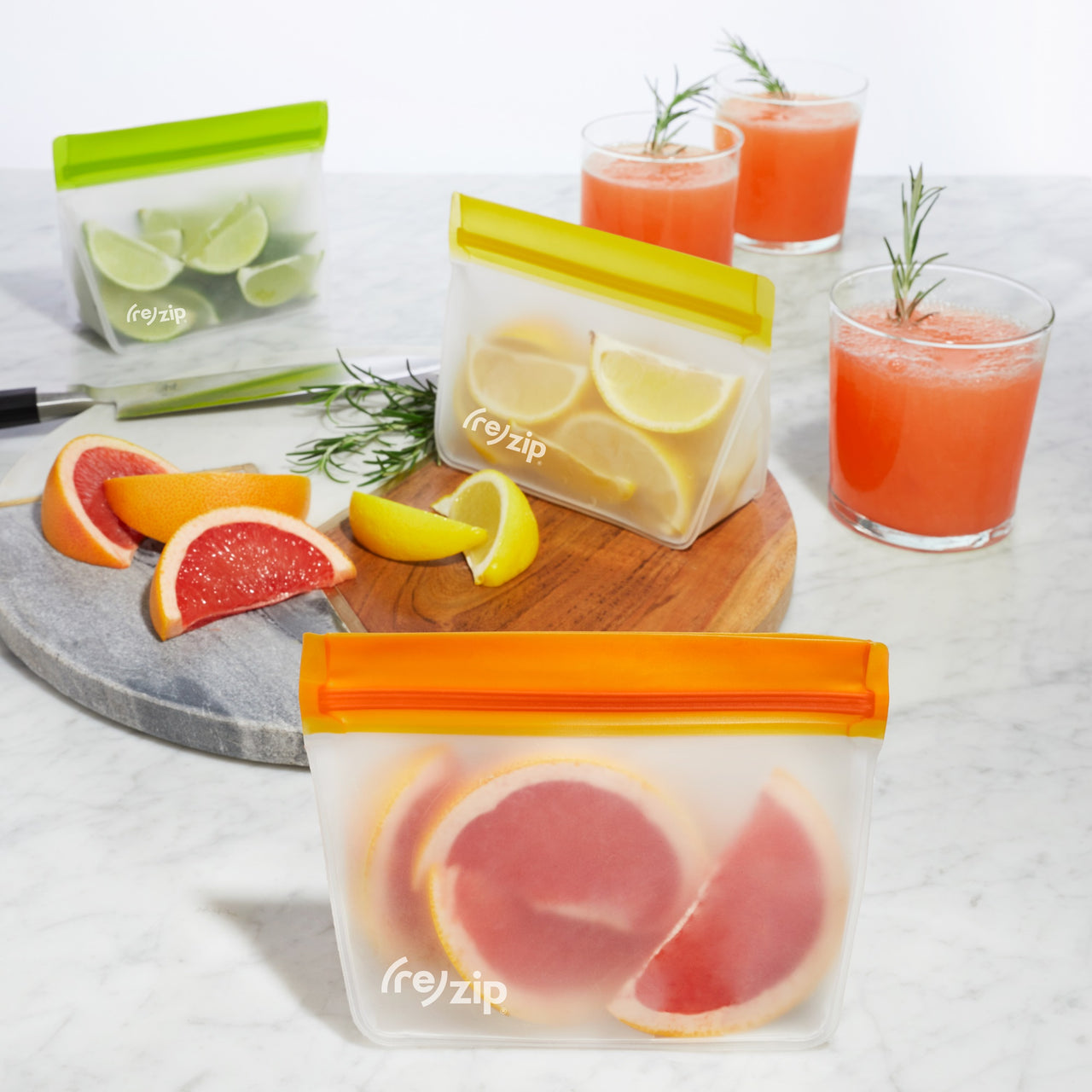 rezip Stand-Up 1-cup | 8-ounce Leakproof Reusable Storage Bag 5-pack with fruit for drinks