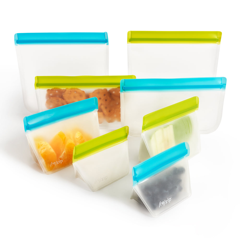 8-piece Deluxe Reusable Leakproof Freezer-safe Storage Bag Kit - lunch sandwich bags, snack bags, Stand-up 1-cup, Stand-up Mini