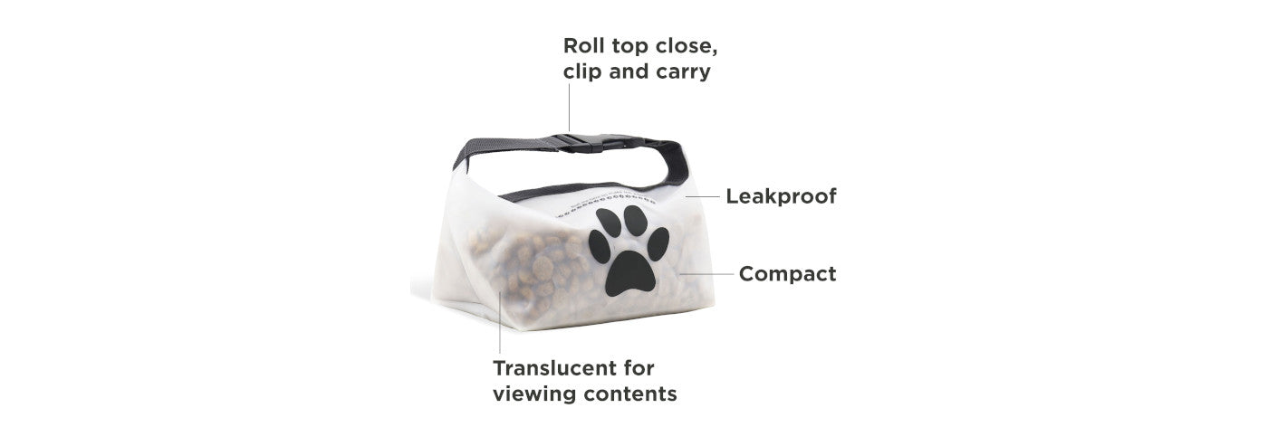features and benefits of rezip reusable roll top pet food storage bags