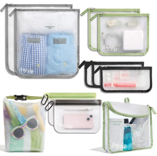 Video highlighting Rezip travel-size reusable bags available in the mix and match travel bundle.