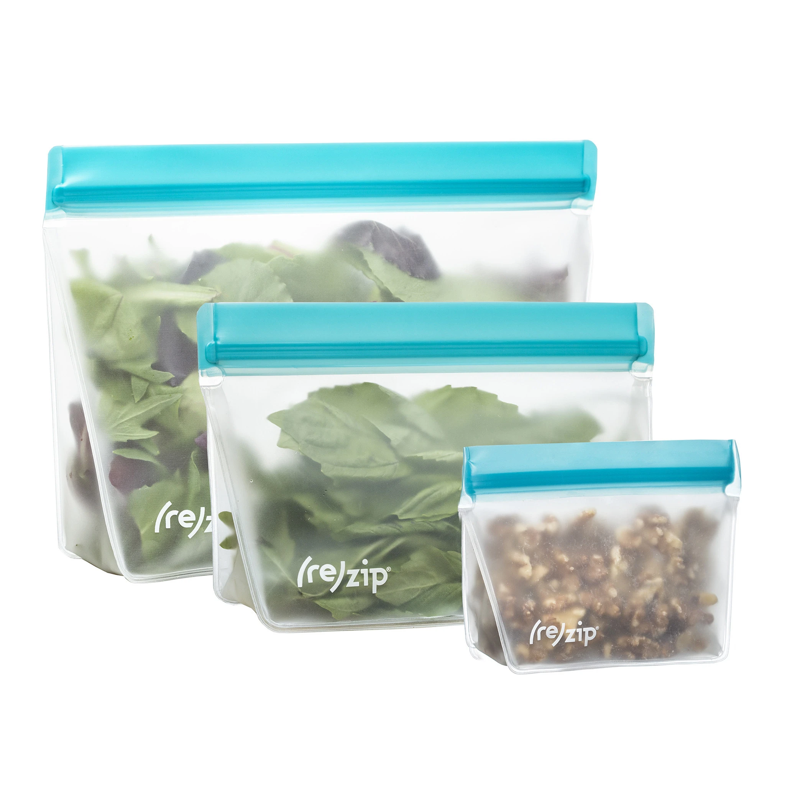 3-piece leakproof reusable stand-up food storage bags 1 cup, 2 cup and 4 cup in Aqua