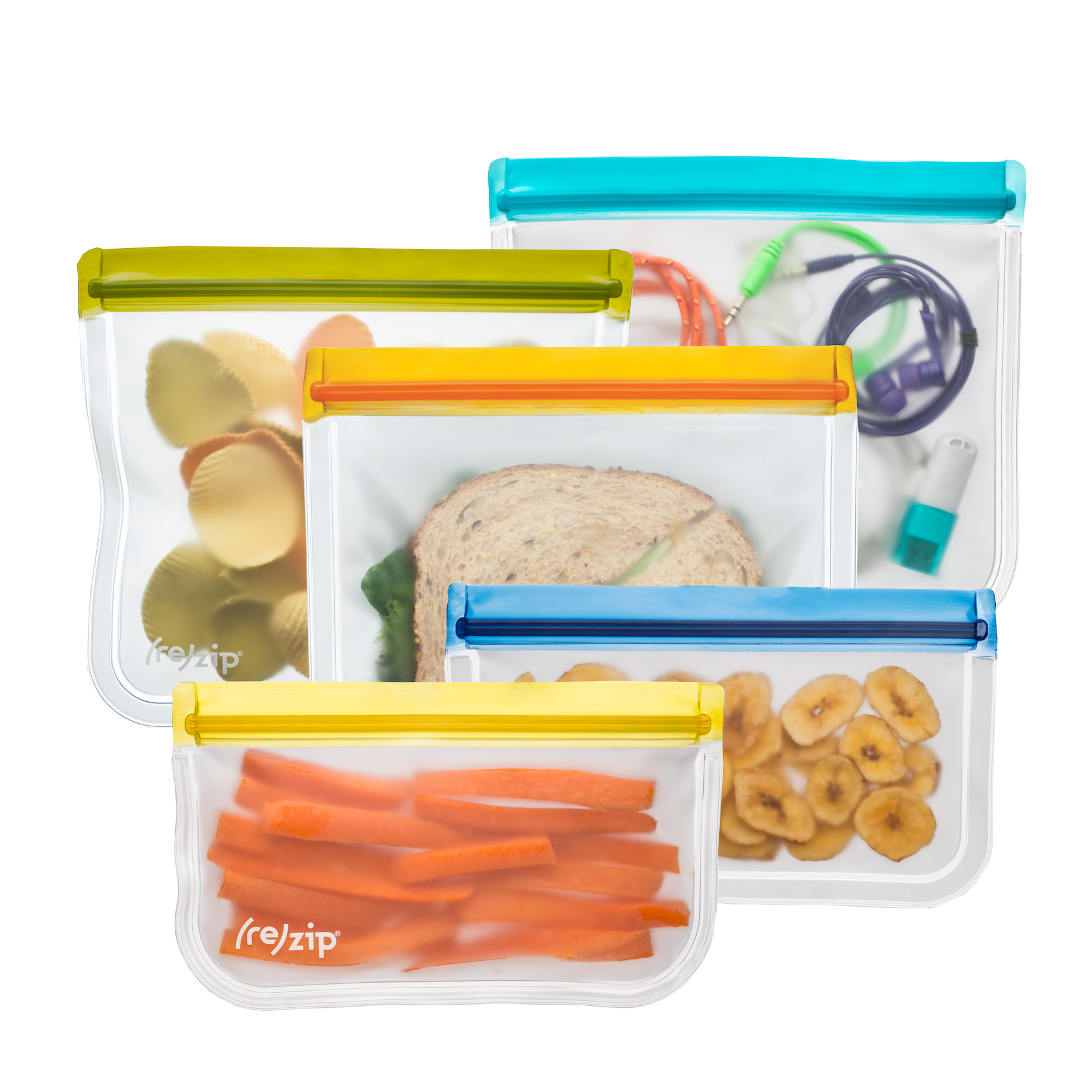 5-piece Lay-Flat Starter Leakproof, Reusable, Freezer-safe Food Storage Bag in multicolor
