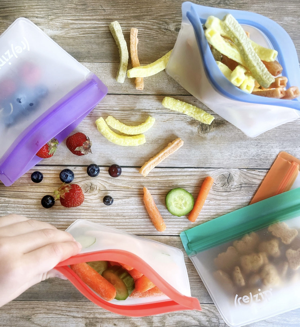 (re)zip Stand-Up 1-cup Leak proof, Reusable, Freezer safe, snack food storage Bag 5-pack