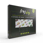 rezip 5-piece Stand-Up Leak proof, Reusable, Freezer safe Storage Bag Starter Kit in packaging
