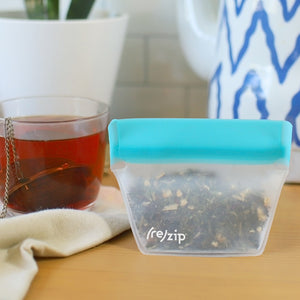 rezip Stand-Up ½ Cup | 4-ounce leakproof reusable storage bag 2-pack—eco-friendly PEVA bags perfect for holding loose tea leaves, spices, or small snacks.