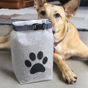 Reusable pet food storage bag. It holds up to 14 cups, perfect for an overnight, weekend trip, or more