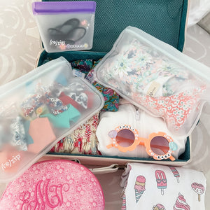 rezip reusable leak proof half gallon bags storing ribbons and clothing when travelling
